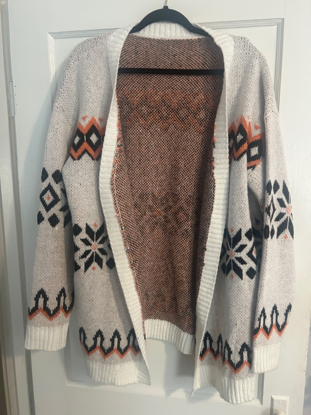 SHEIN Cream Open-Front Fair Isle Cardigan with Black and Rust Accents